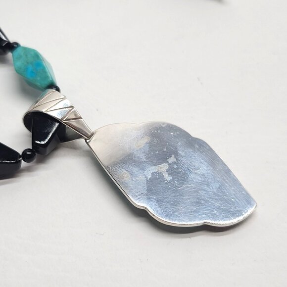 Jay King DRT Sterling Silver Blue Turquoise Onyx Inlay Pendant Beaded Necklace - Picture 9 of 10